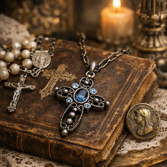 1928 Jewelry - 1928 Jewelry Co Blue Rhinestone Cross Necklace Antiqued Silver Tone Victorian